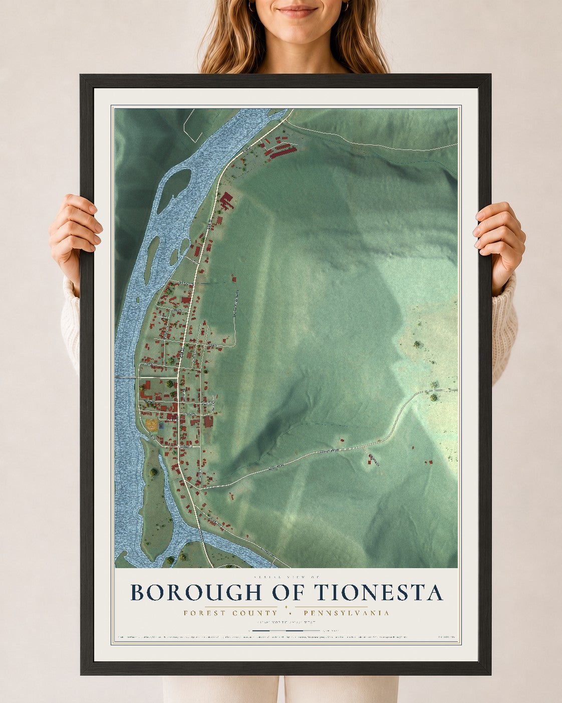 Map of the Borough of Tionesta, Forest County, Pennsylvania, 24 x 36 inch print in a black wood frame