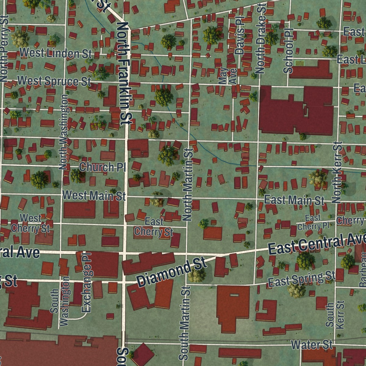Close-up of the map of Titusville, Pennsylvania print showing street and building detail