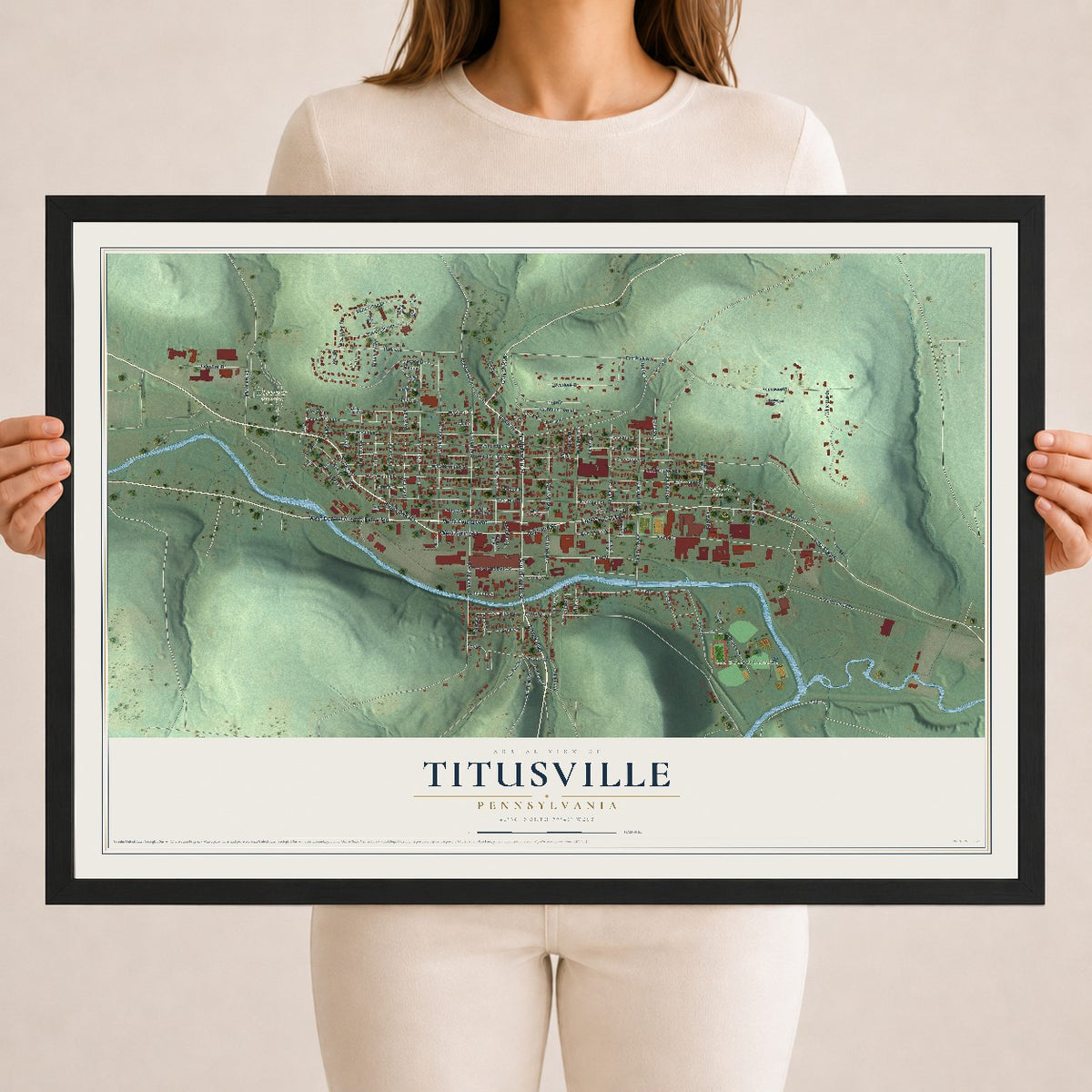 Map of Titusville, Pennsylvania, 18 x 24 inch print in a black wood frame