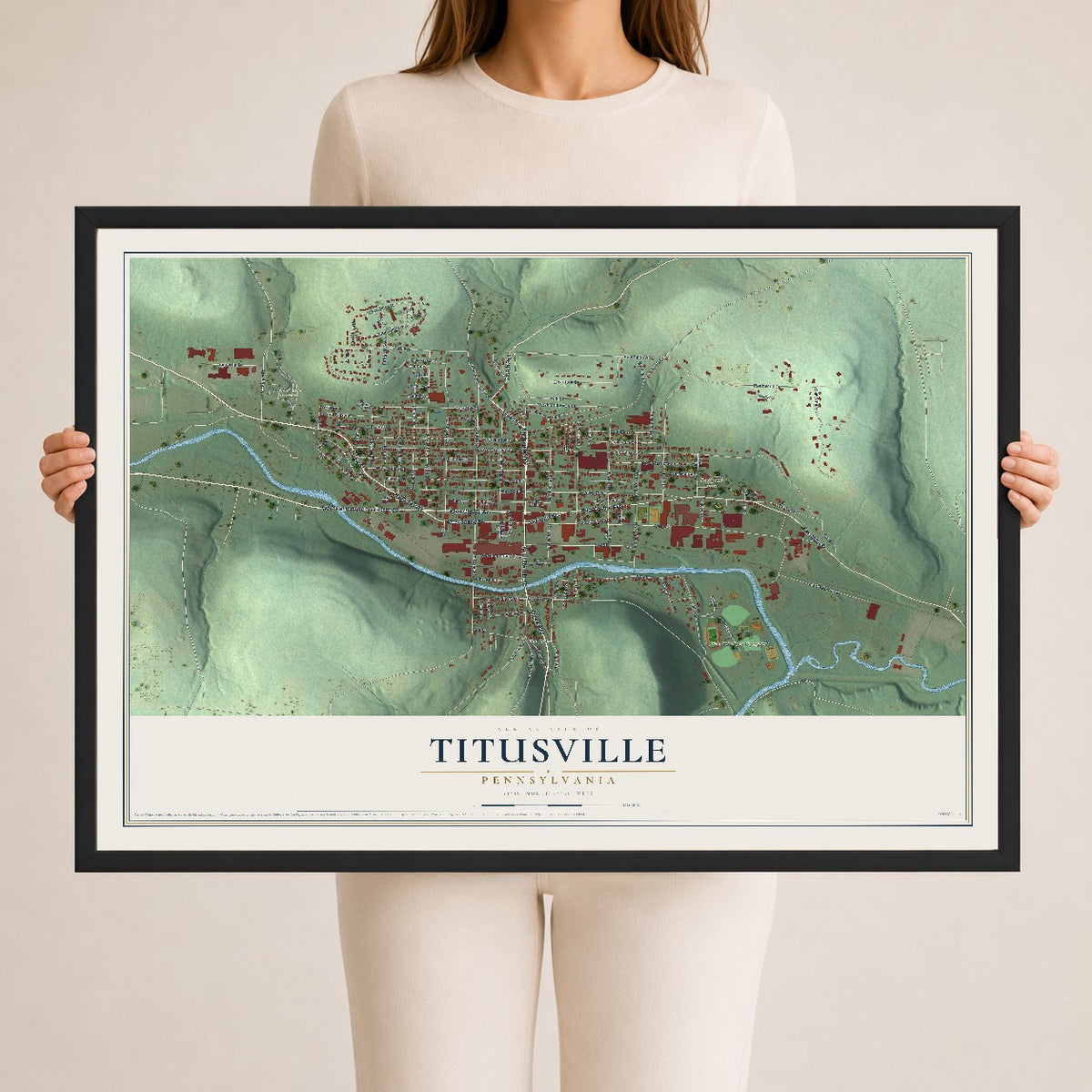 Map of Titusville, Pennsylvania, 24 x 36 inch print in a black wood frame