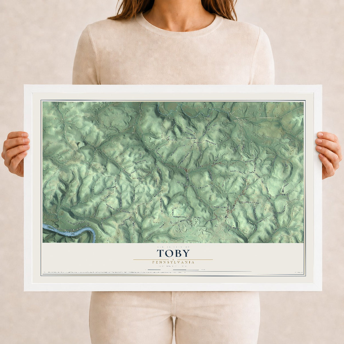 Map of Toby, Pennsylvania, 12 x 18 inch print in a white wood frame