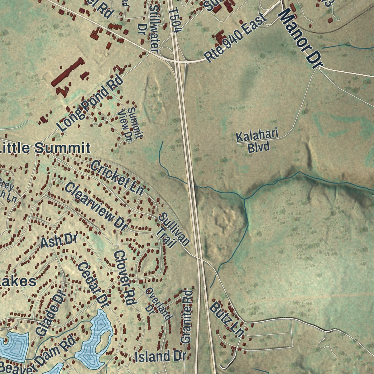 Second close-up of the map of Tobyhanna, Pennsylvania print showing more streets and buildings