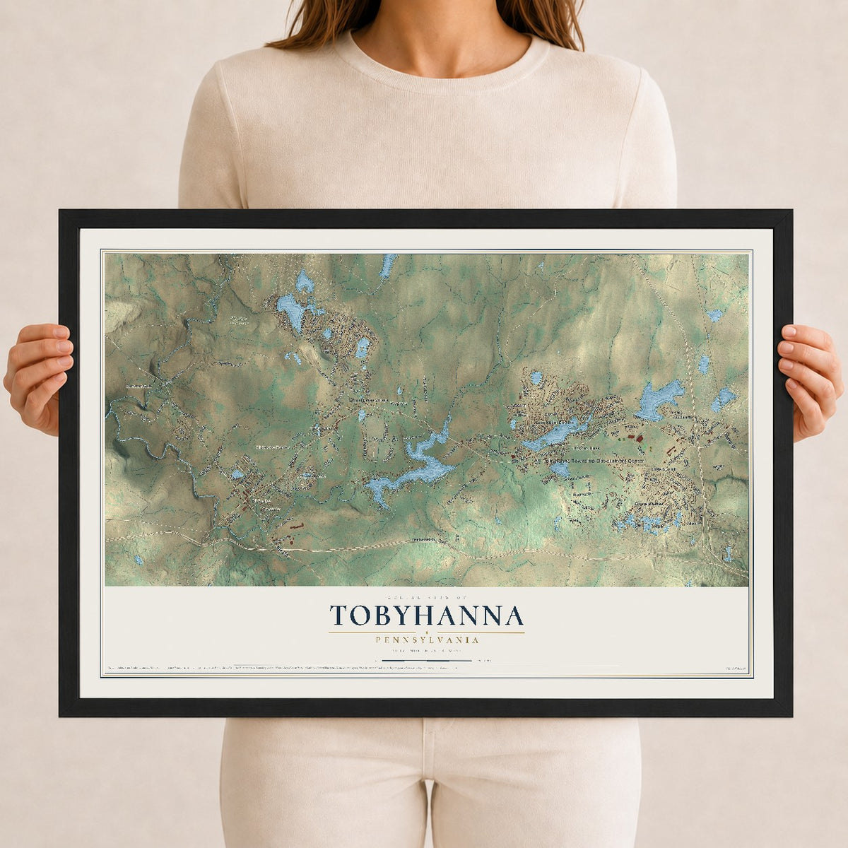 Map of Tobyhanna, Pennsylvania, 12 x 18 inch print in a black wood frame