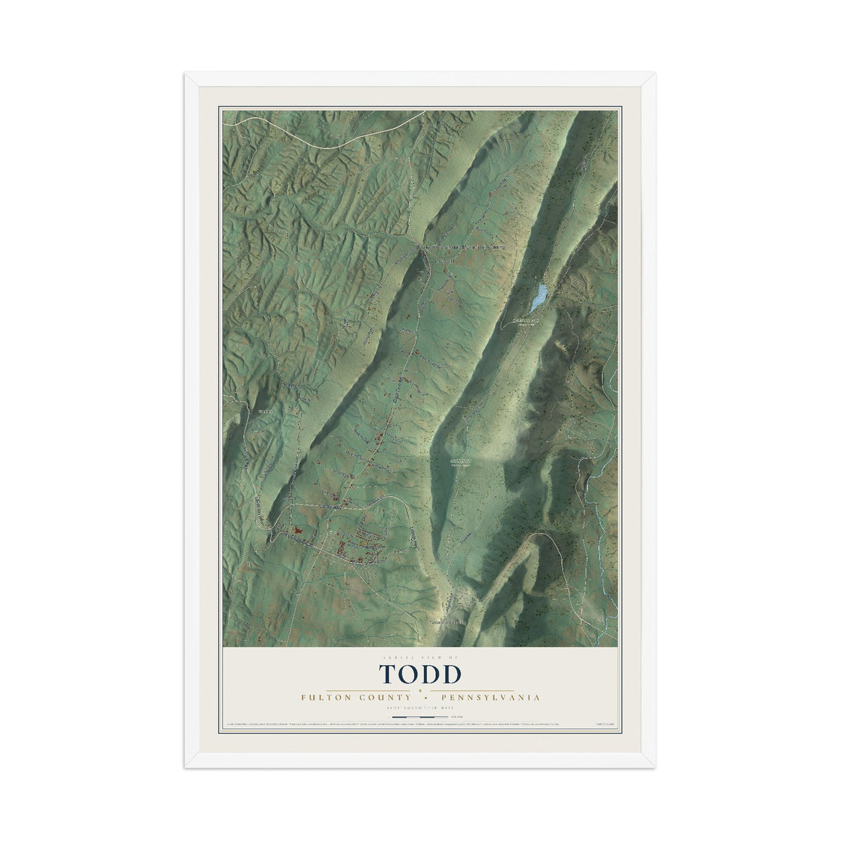 Map of Todd, Fulton County, Pennsylvania, 12 x 18 inch print in a white wood frame