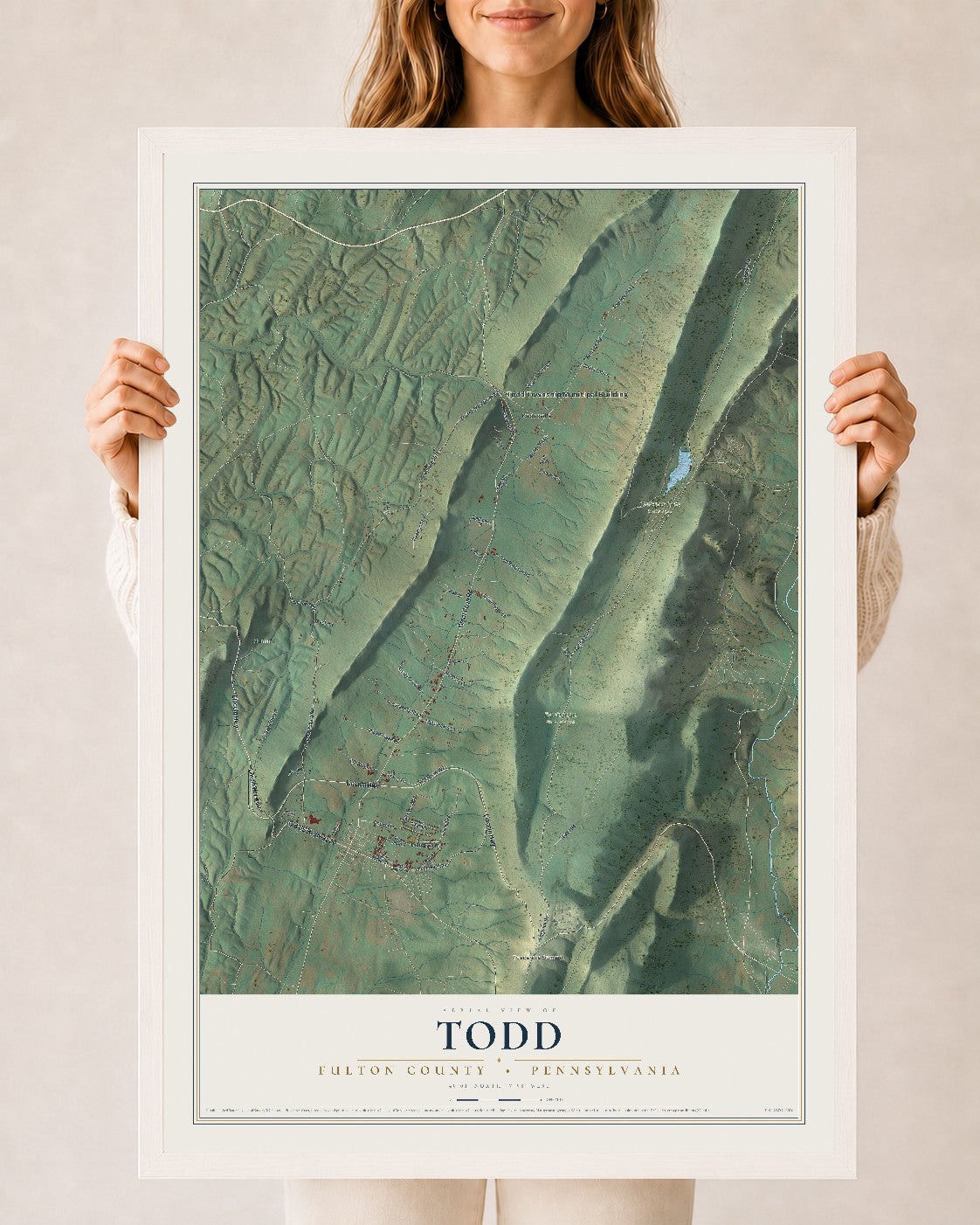 Map of Todd, Fulton County, Pennsylvania, 24 x 36 inch print in a white wood frame