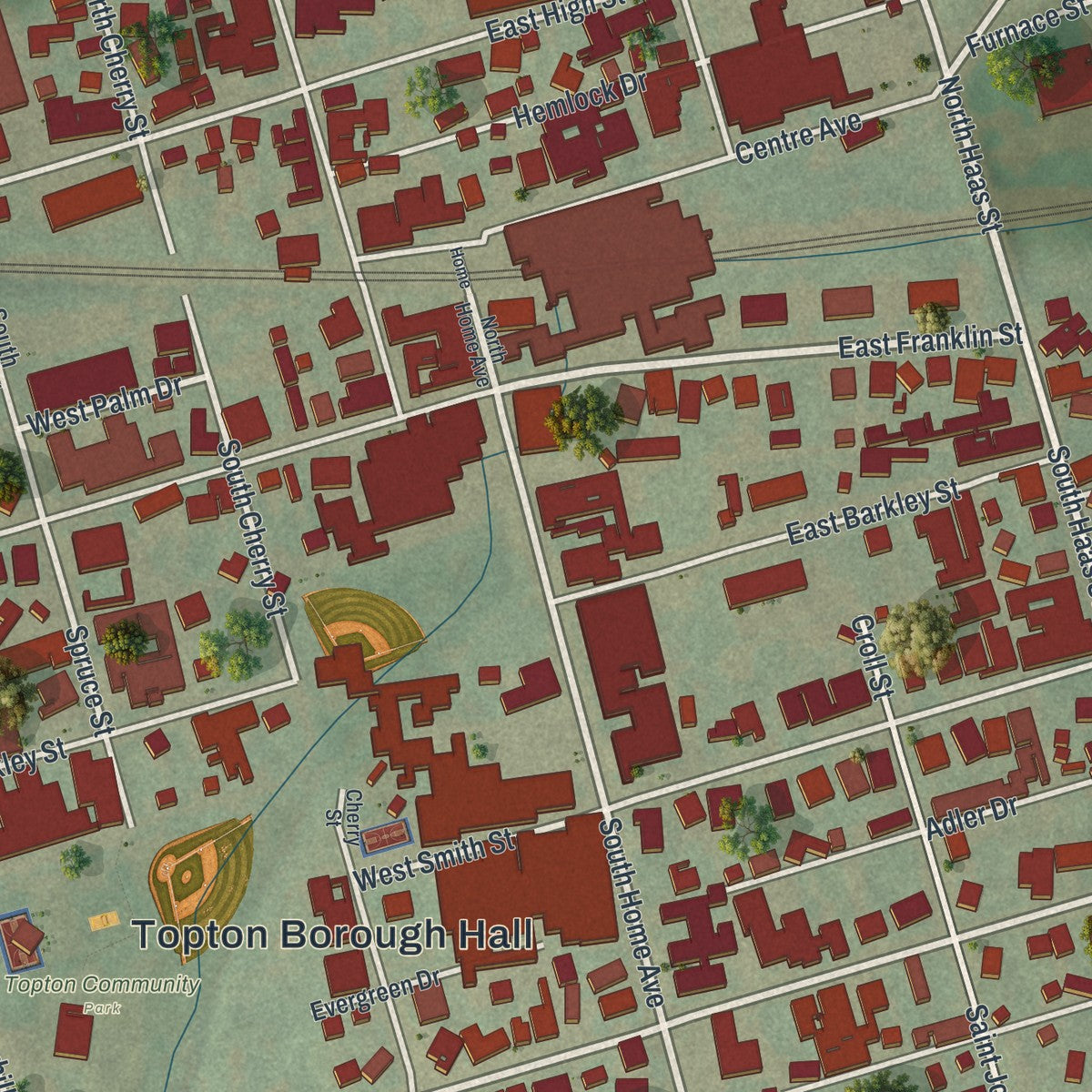 Close-up of the map of Topton, Pennsylvania print showing street and building detail