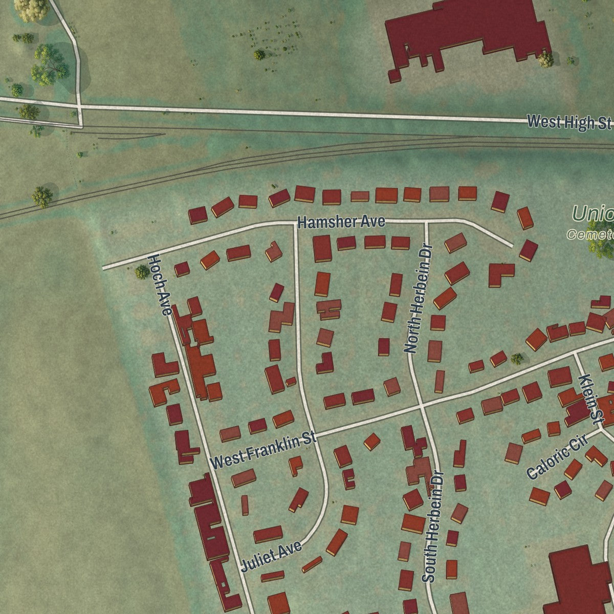Second close-up of the map of Topton, Pennsylvania print showing more streets and buildings