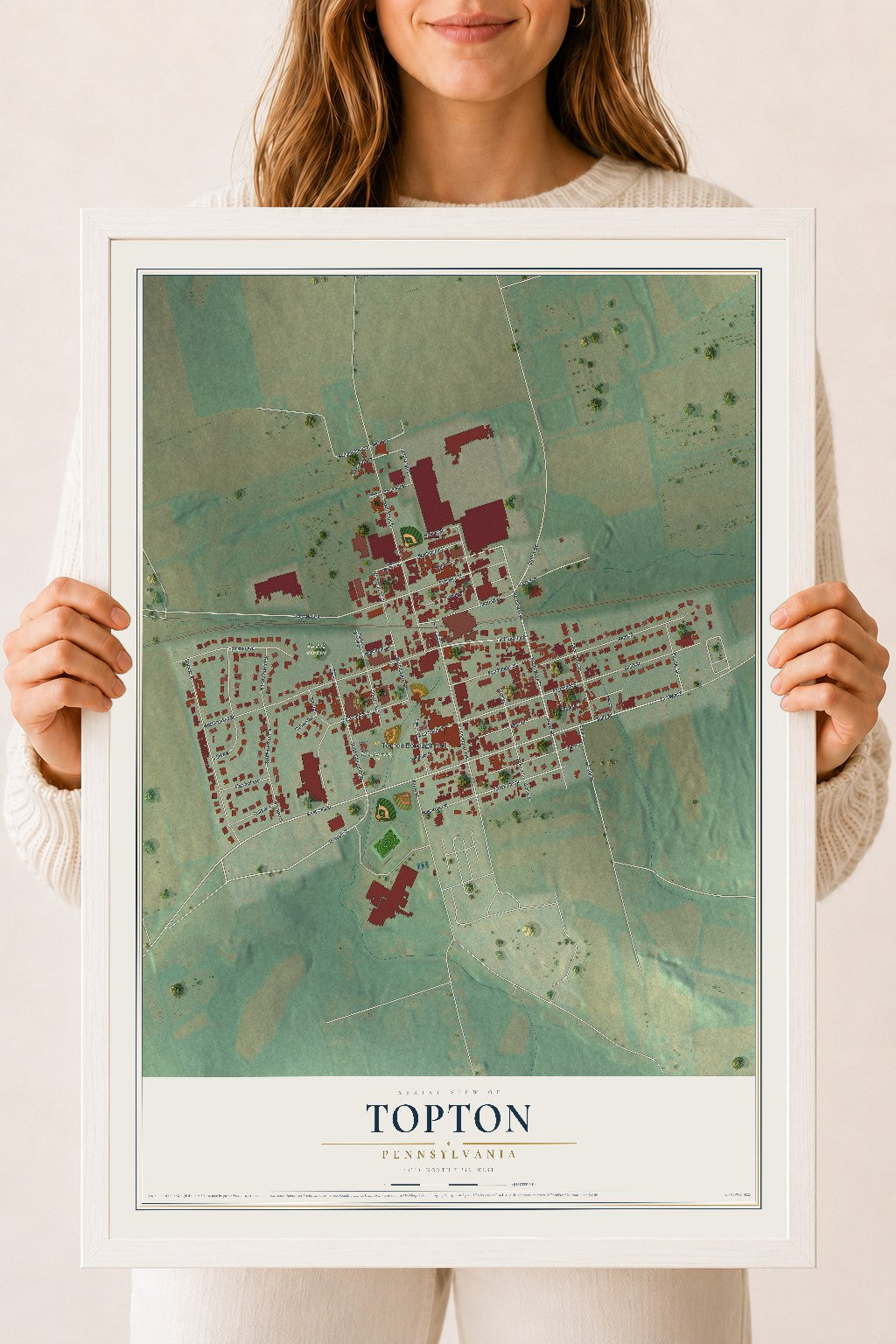 Map of Topton, Pennsylvania, 18 x 24 inch print in a white wood frame