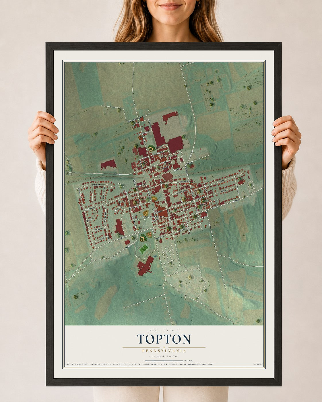 Map of Topton, Pennsylvania, 24 x 36 inch print in a black wood frame