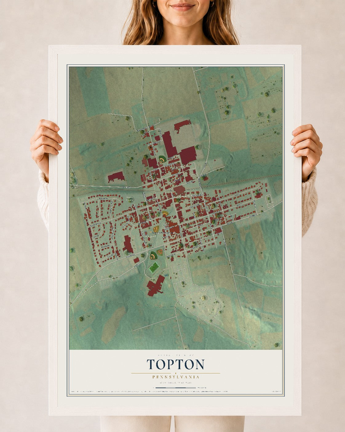 Map of Topton, Pennsylvania, 24 x 36 inch print in a white wood frame