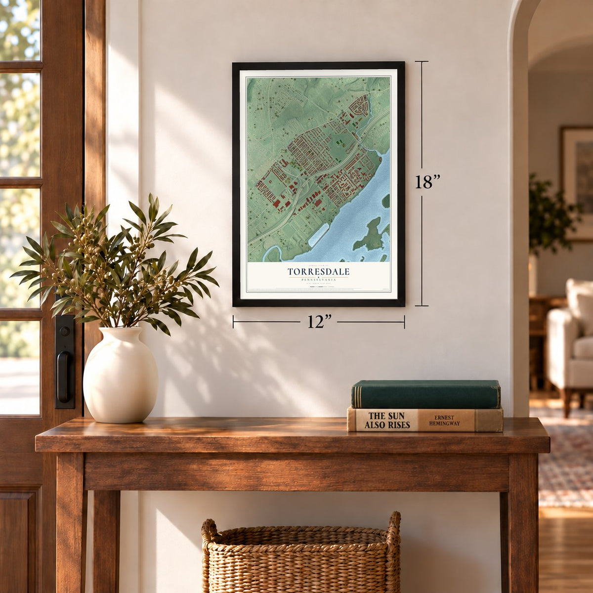 Torresdale, Pennsylvania map, 12 x 18 inch print in a black frame in an entryway