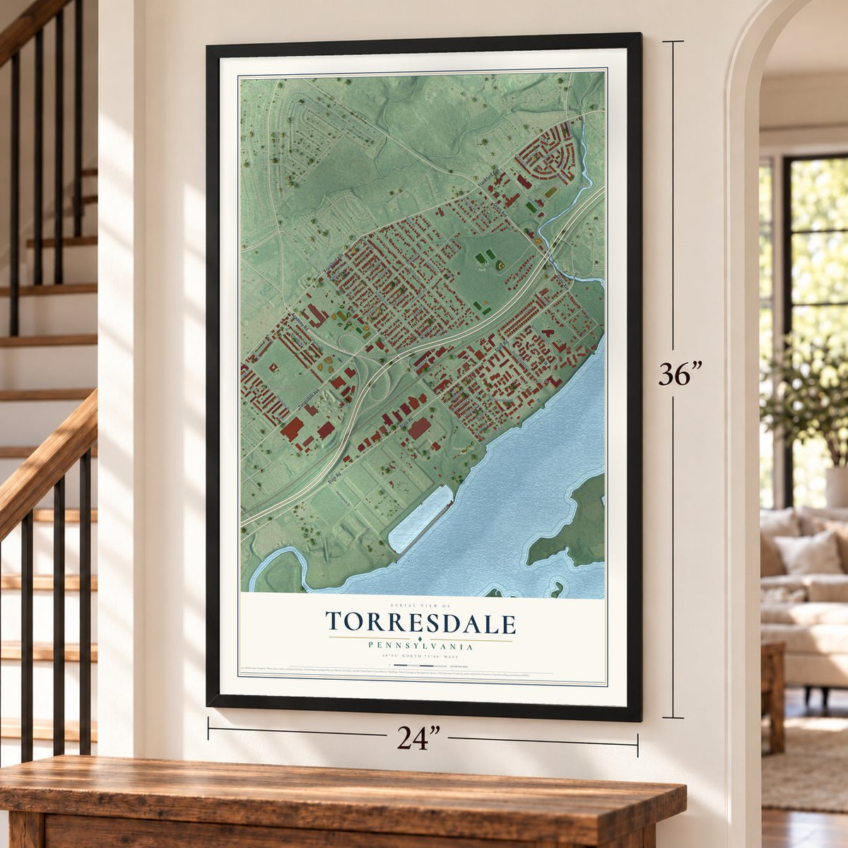 Torresdale, Pennsylvania map, 24 x 36 inch print in a black frame by a staircase