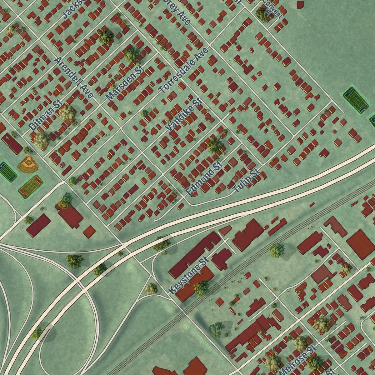 Close-up of the map of Torresdale, Pennsylvania print showing street and building detail