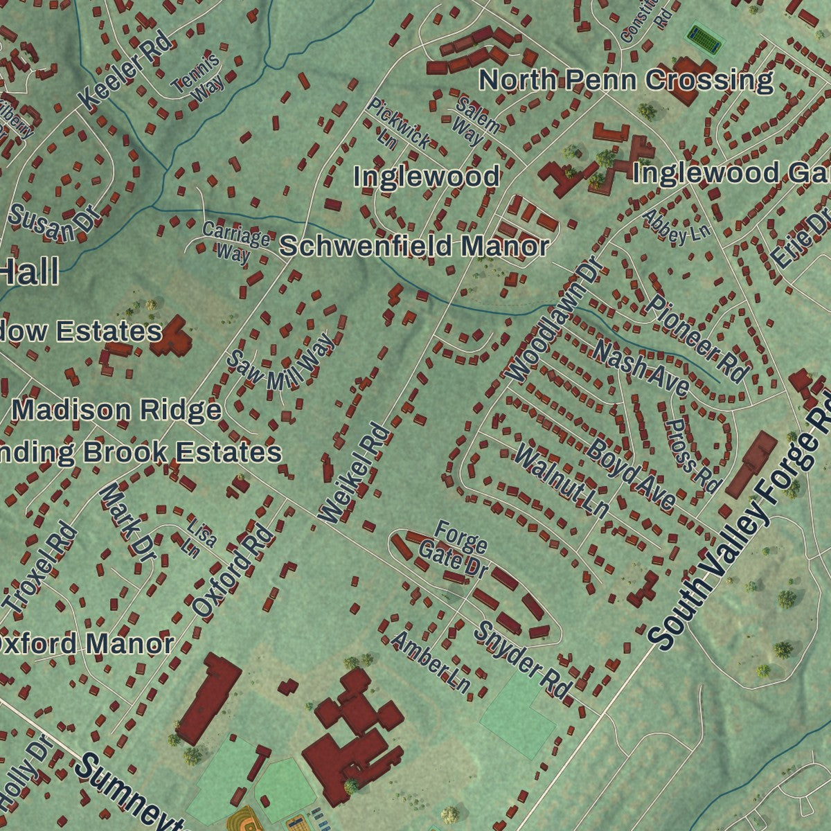 Close-up of the map of Towamencin, Pennsylvania print showing street and building detail