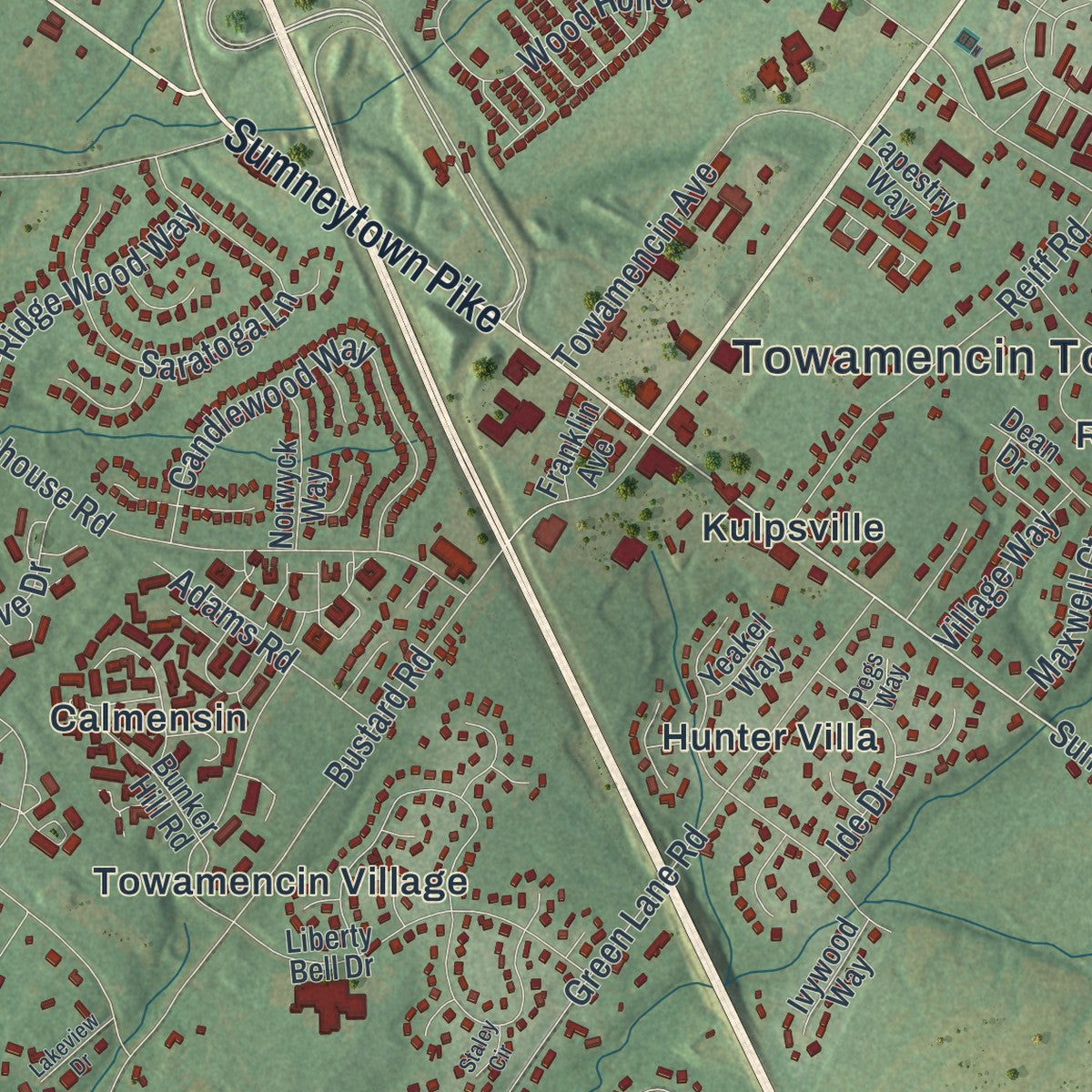 Second close-up of the map of Towamencin, Pennsylvania print showing more streets and buildings
