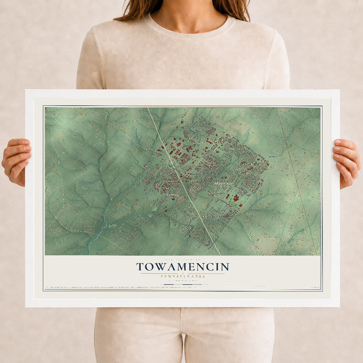 Map of Towamencin, Pennsylvania, 12 x 18 inch print in a white wood frame