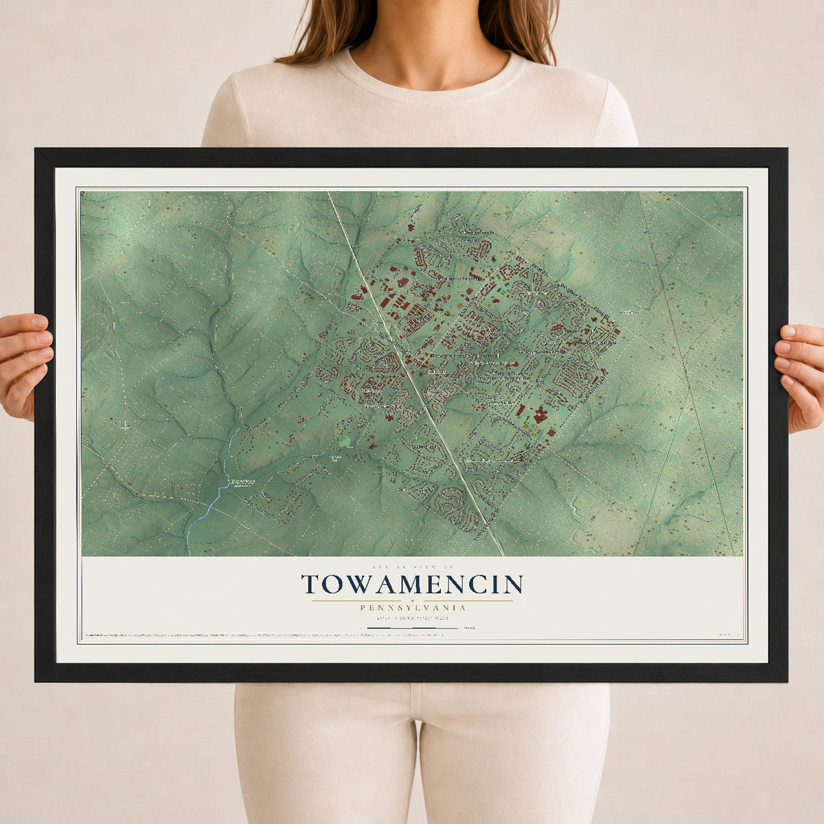 Map of Towamencin, Pennsylvania, 18 x 24 inch print in a black wood frame