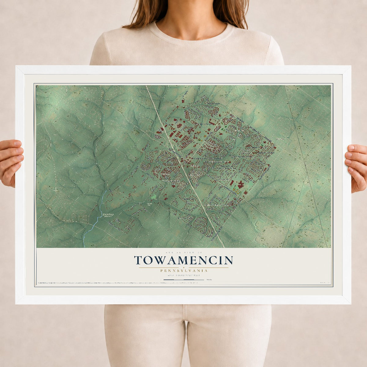 Map of Towamencin, Pennsylvania, 18 x 24 inch print in a white wood frame