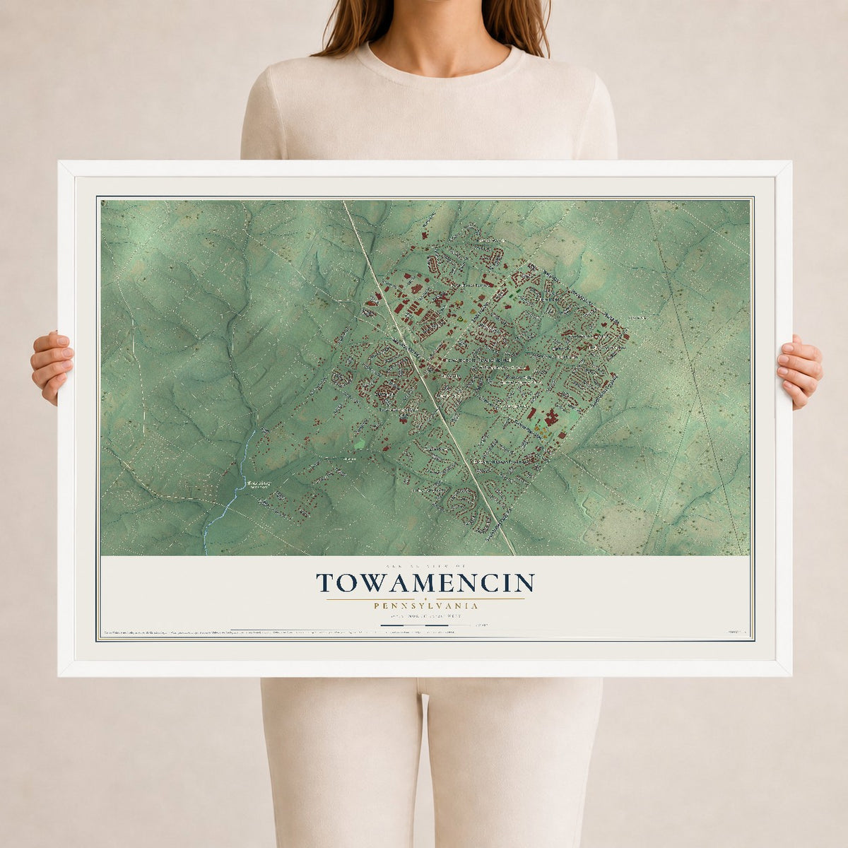 Map of Towamencin, Pennsylvania, 24 x 36 inch print in a white wood frame