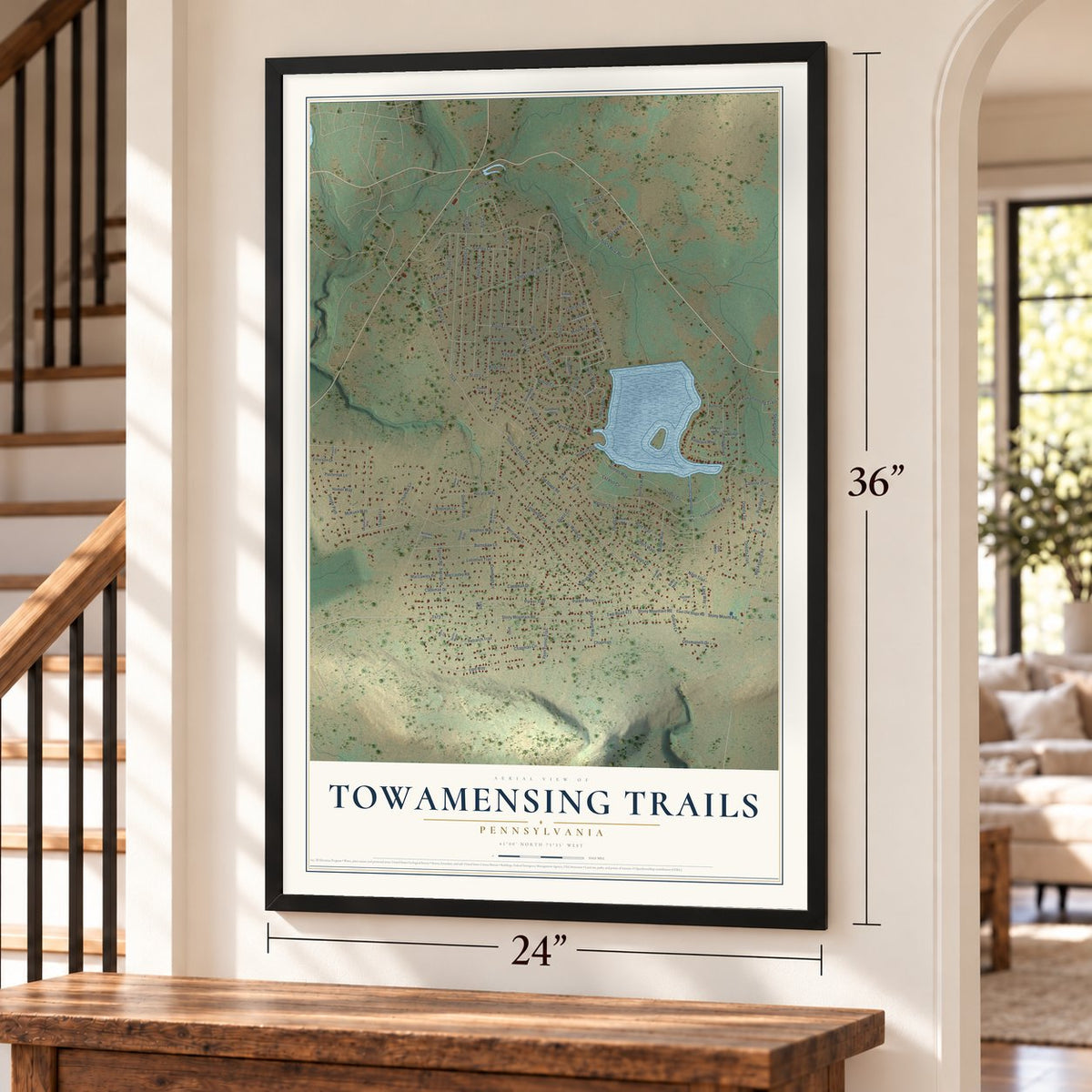 Towamensing Trails, Pennsylvania map, 24 x 36 inch print in a black frame by a staircase