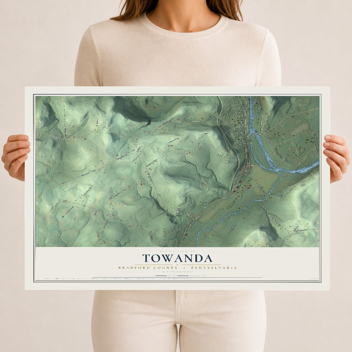 Map of Towanda, Bradford County, Pennsylvania, 12 x 18 inch unframed archival matte print
