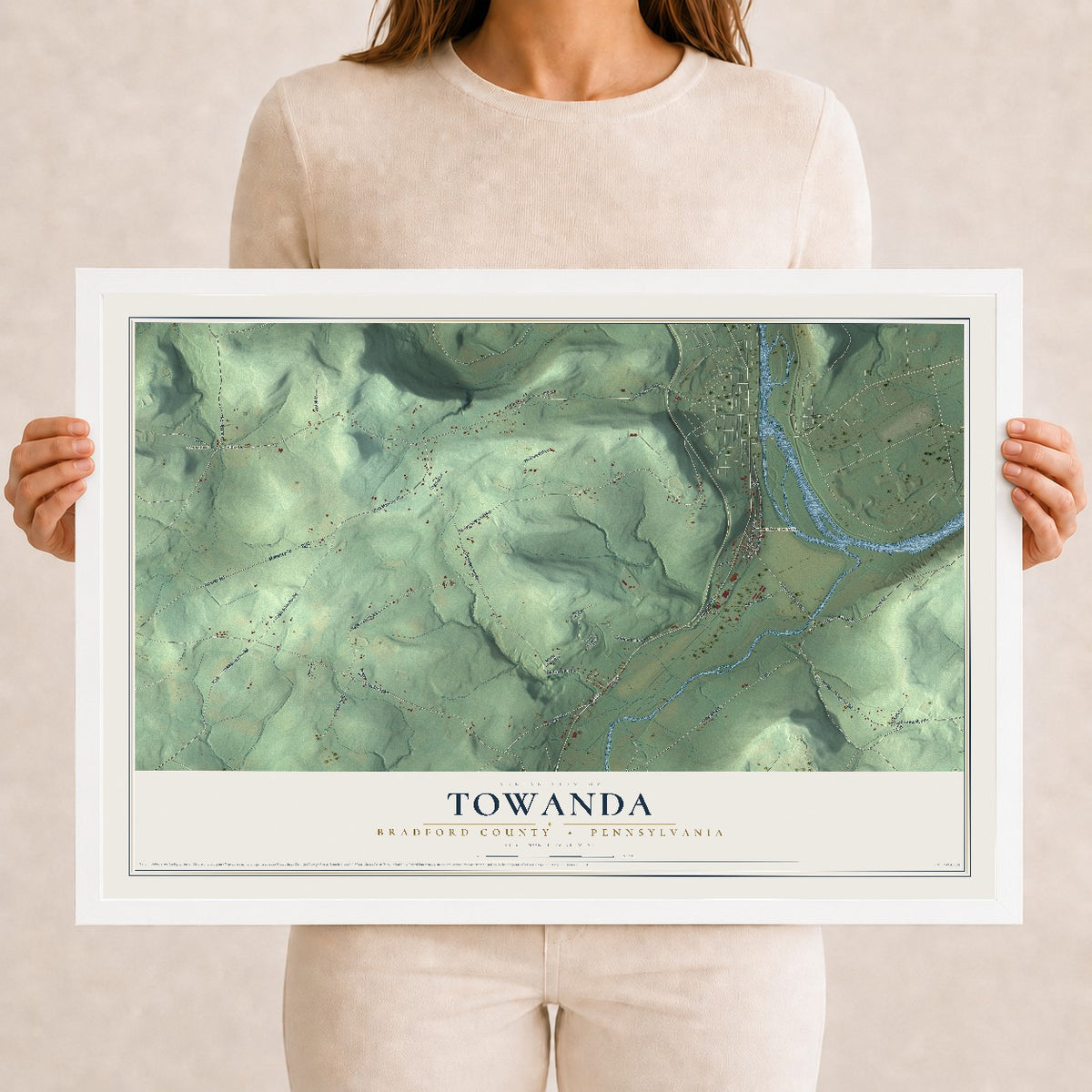 Map of Towanda, Bradford County, Pennsylvania, 12 x 18 inch print in a white wood frame