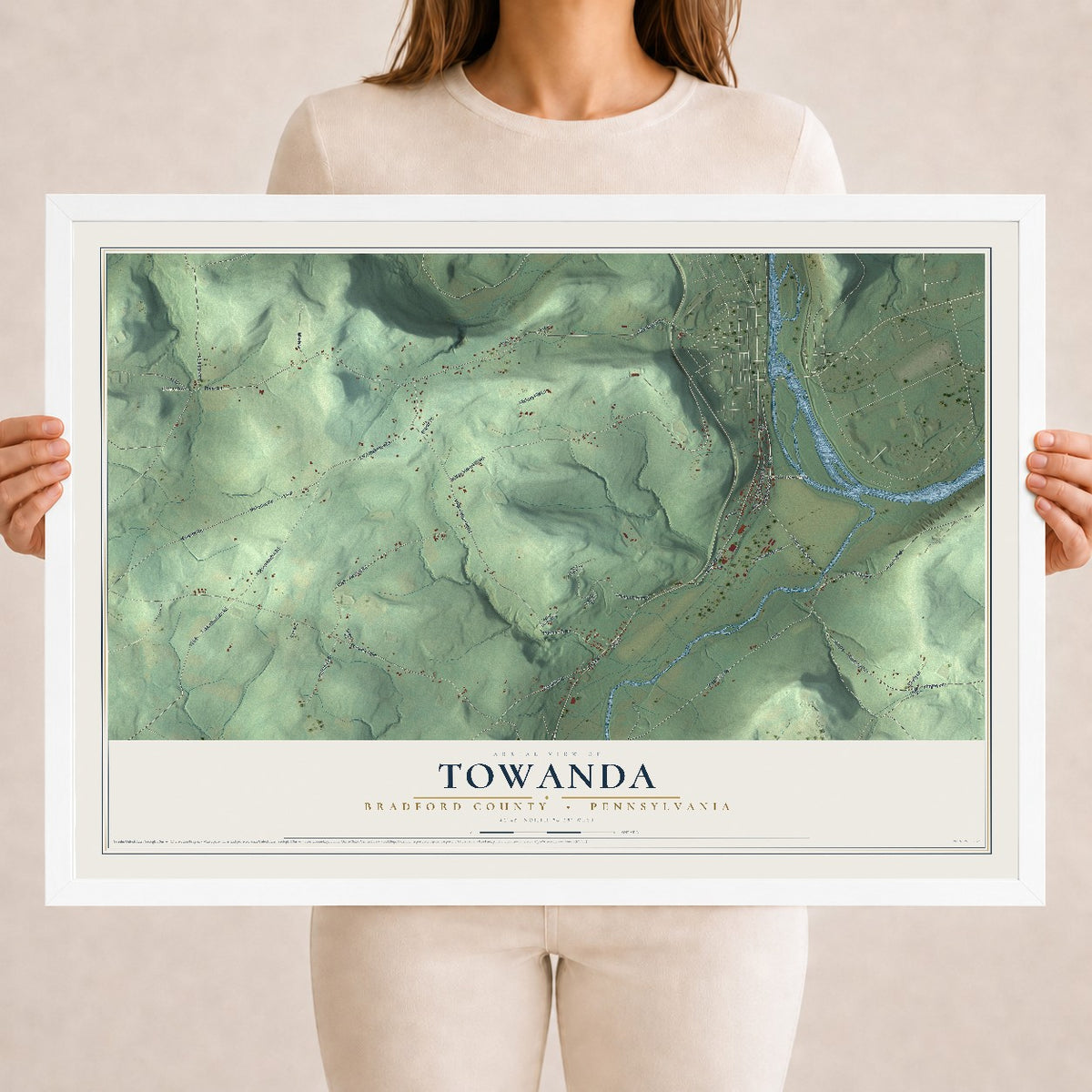 Map of Towanda, Bradford County, Pennsylvania, 18 x 24 inch print in a white wood frame