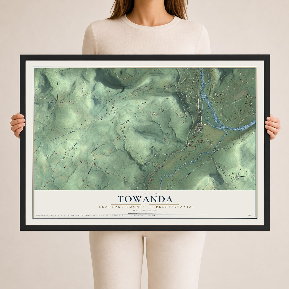 Map of Towanda, Bradford County, Pennsylvania, 24 x 36 inch print in a black wood frame