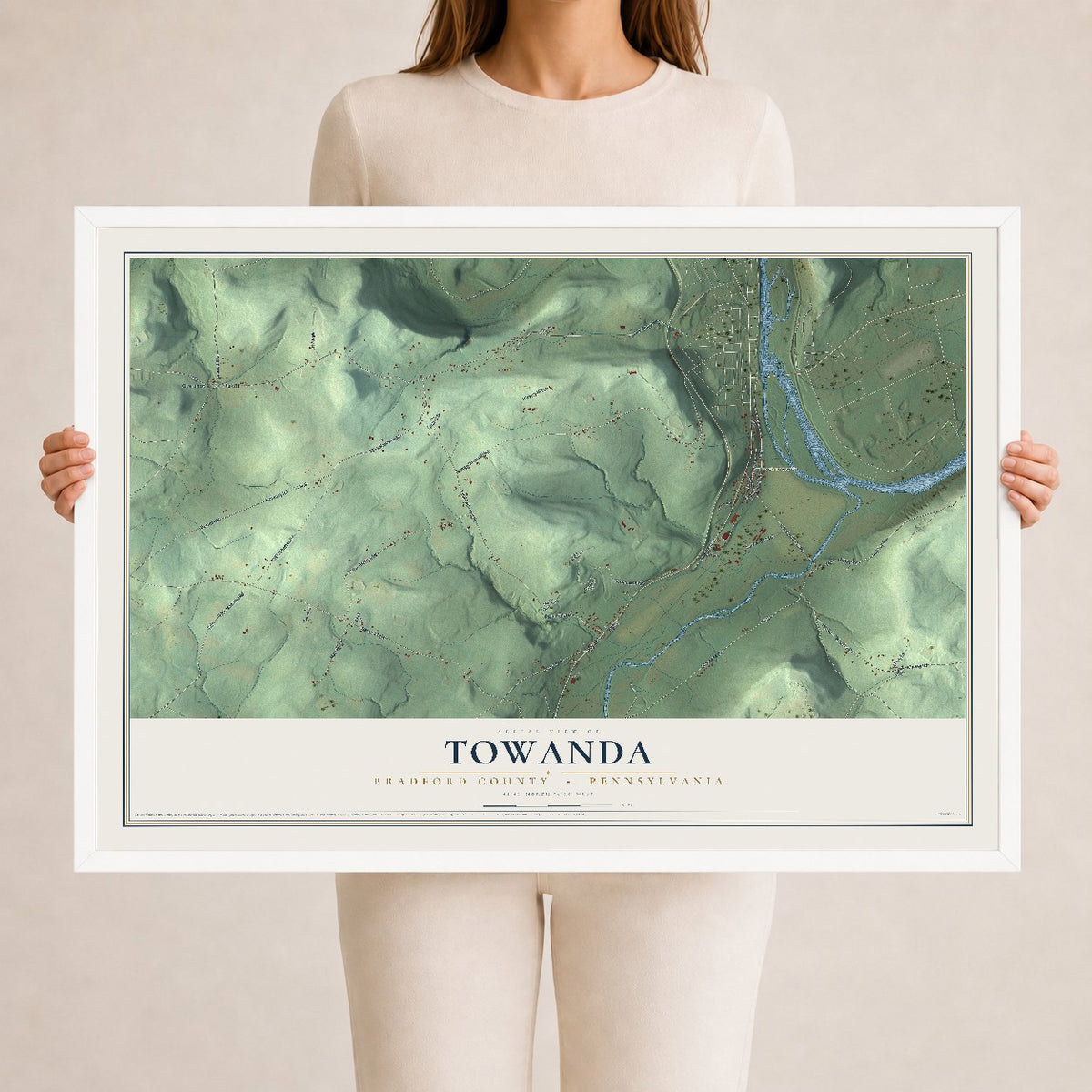 Map of Towanda, Bradford County, Pennsylvania, 24 x 36 inch print in a white wood frame