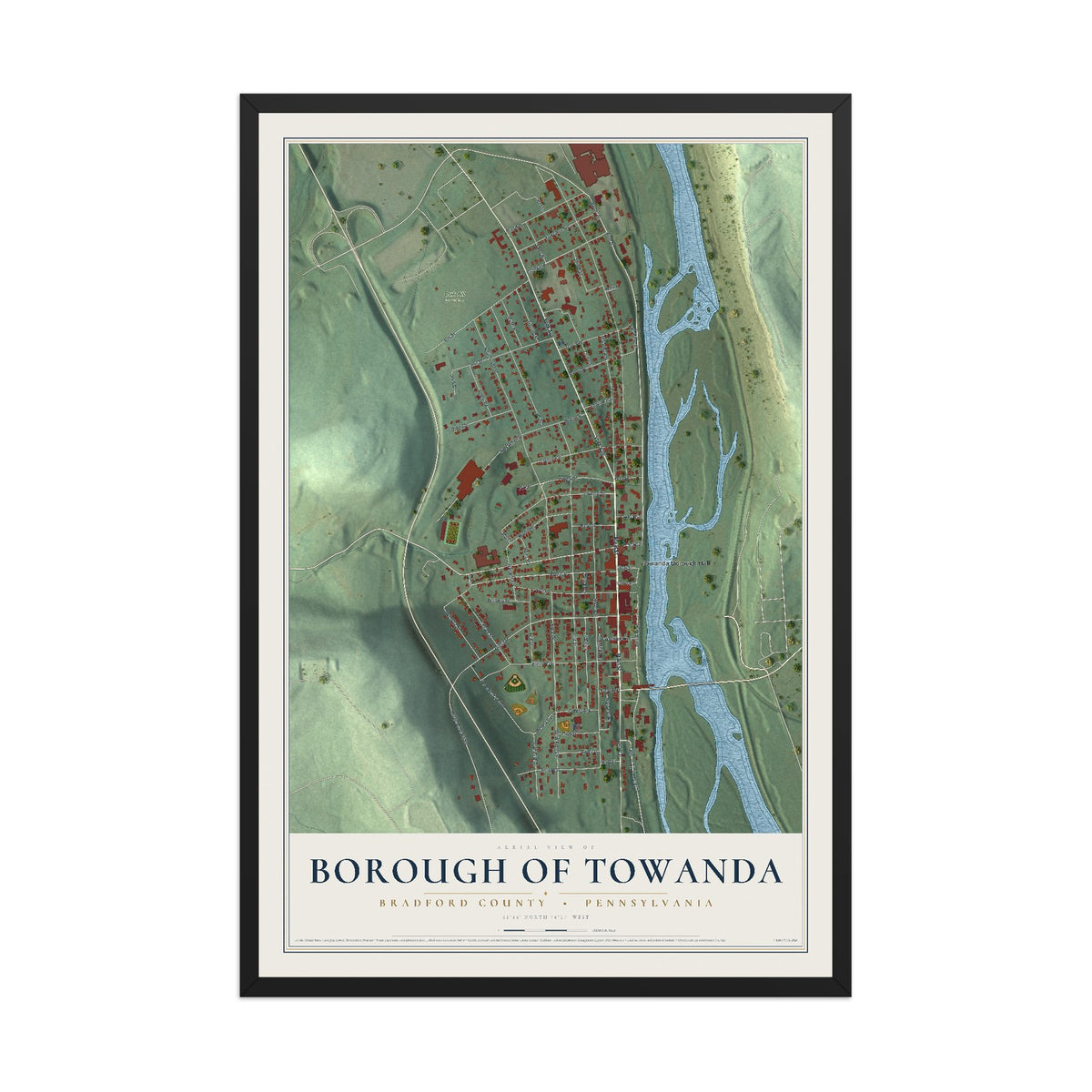 Map of the Borough of Towanda, Bradford County, Pennsylvania, 12 x 18 inch print in a black wood frame