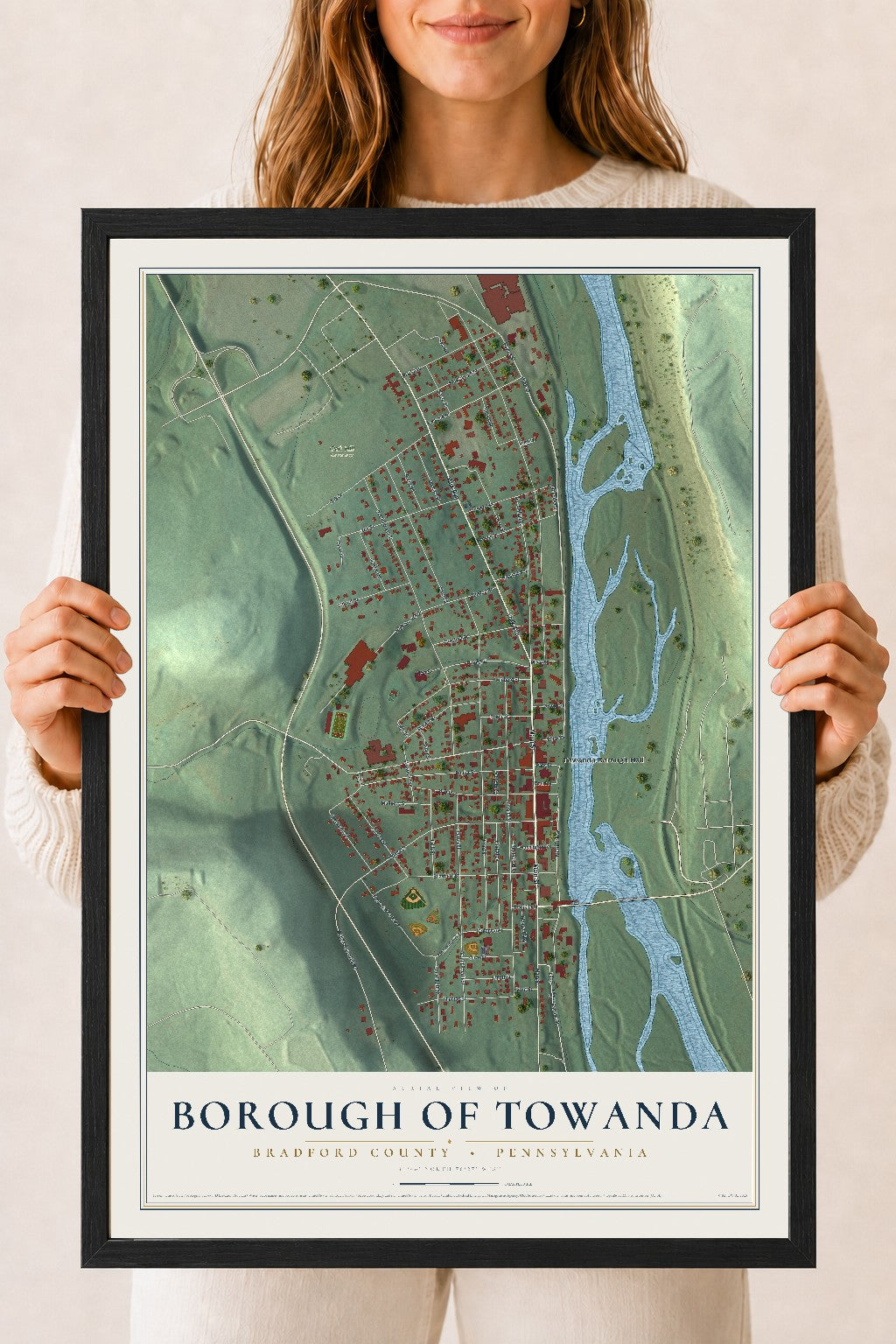 Map of the Borough of Towanda, Bradford County, Pennsylvania, 18 x 24 inch print in a black wood frame