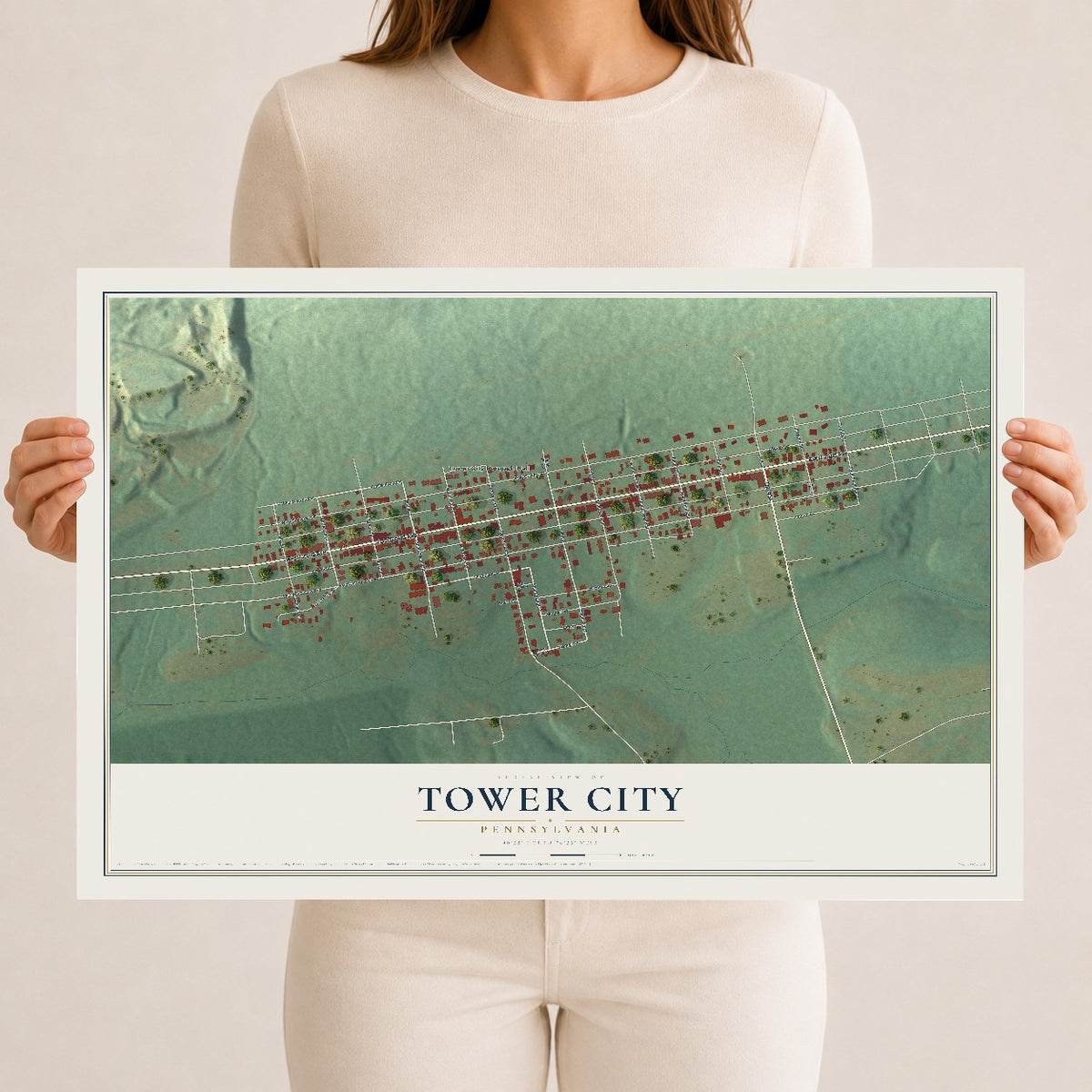 Map of Tower City, Pennsylvania, 12 x 18 inch unframed archival matte print