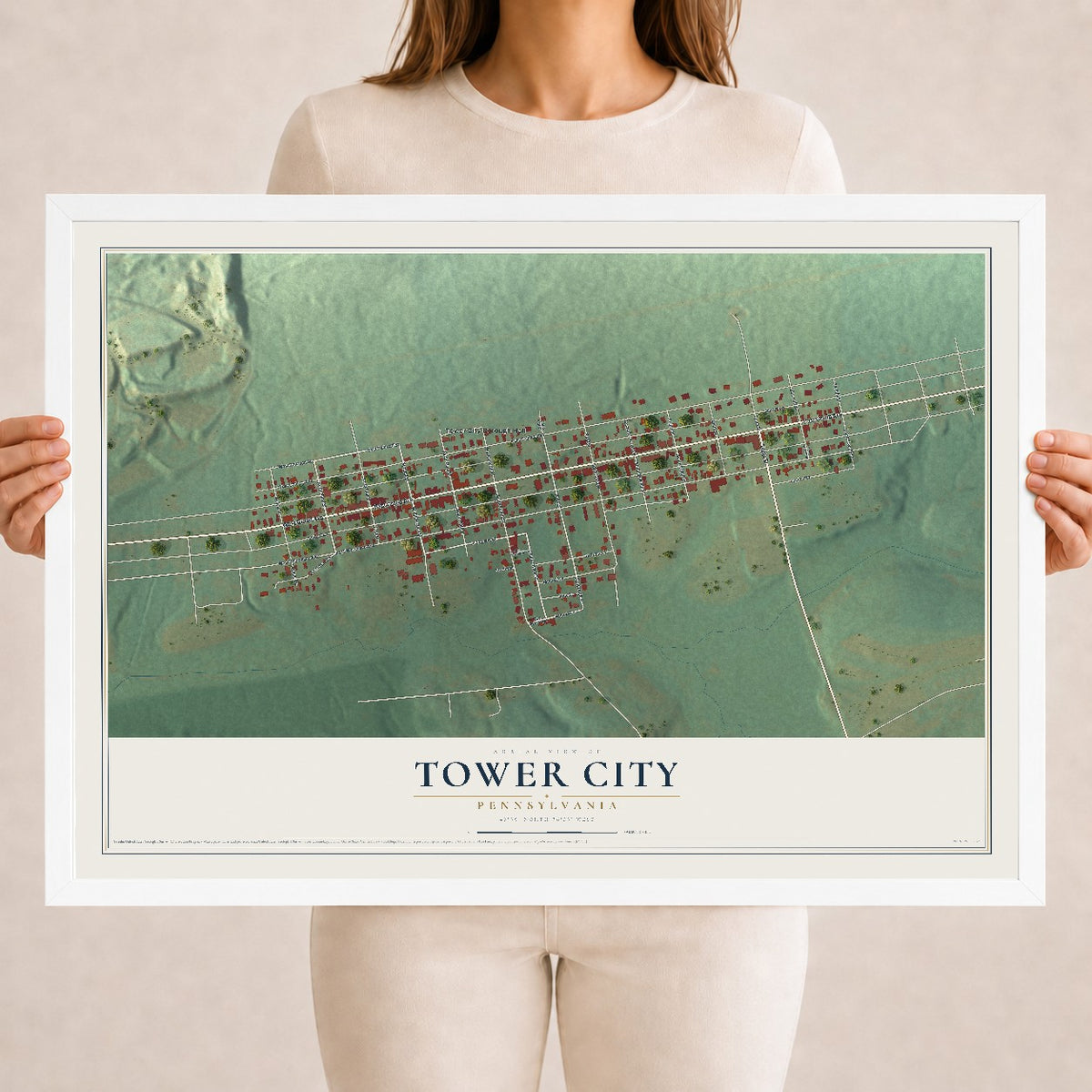 Map of Tower City, Pennsylvania, 18 x 24 inch print in a white wood frame