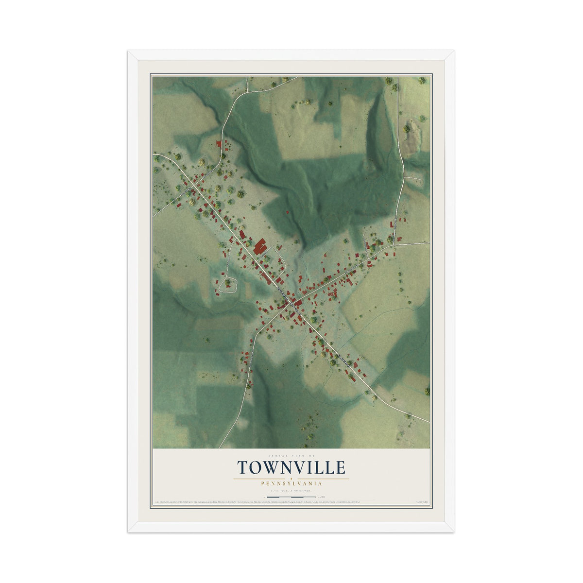 Map of Townville, Pennsylvania, 12 x 18 inch print in a white wood frame