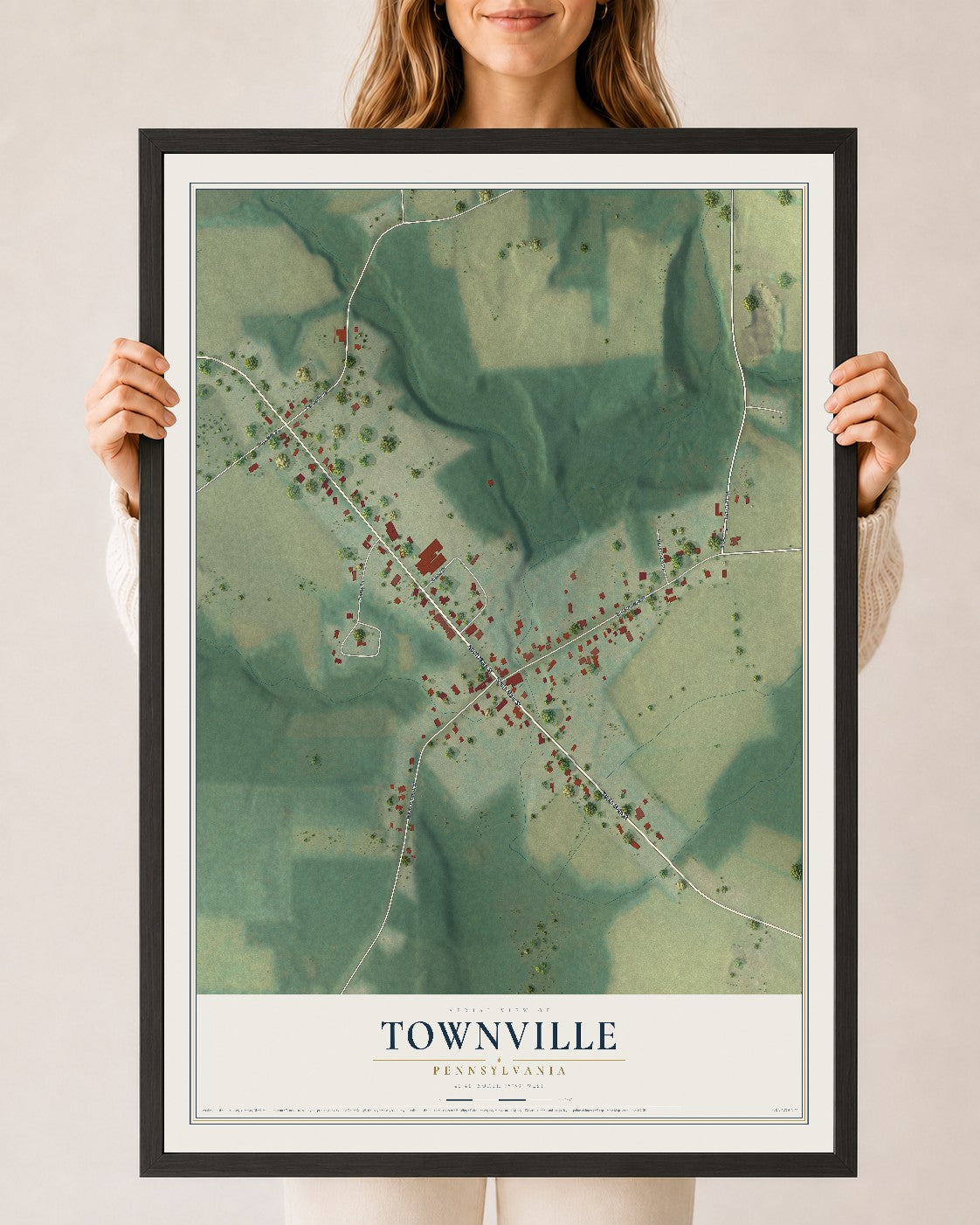Map of Townville, Pennsylvania, 24 x 36 inch print in a black wood frame