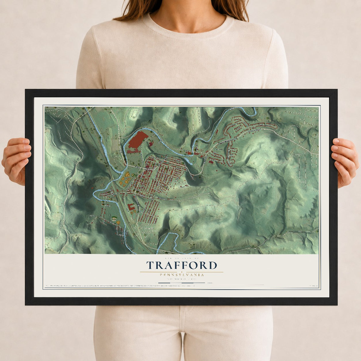 Map of Trafford, Pennsylvania, 12 x 18 inch print in a black wood frame