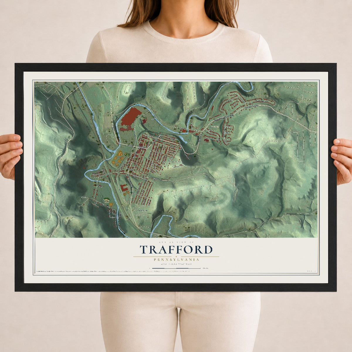 Map of Trafford, Pennsylvania, 18 x 24 inch print in a black wood frame
