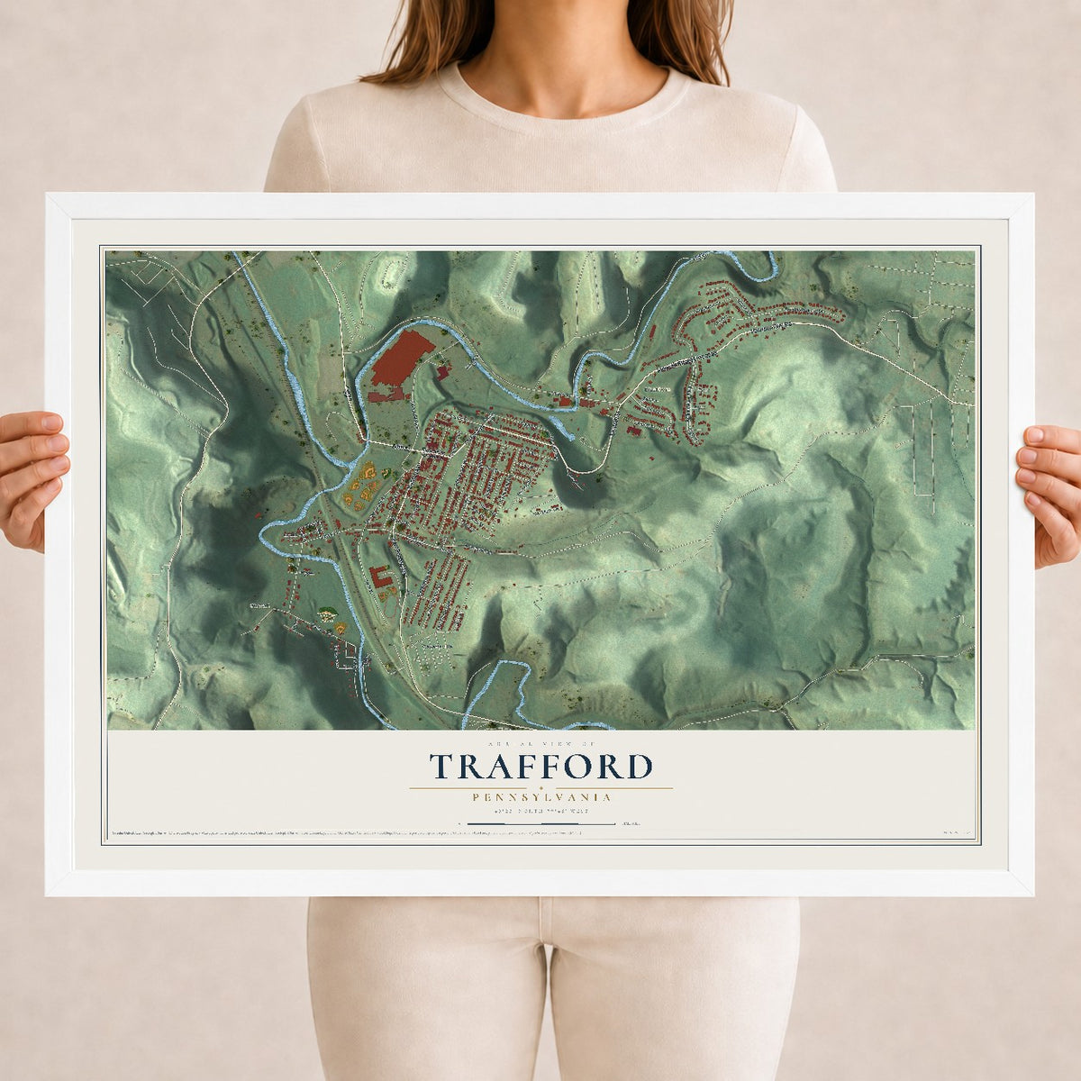 Map of Trafford, Pennsylvania, 18 x 24 inch print in a white wood frame
