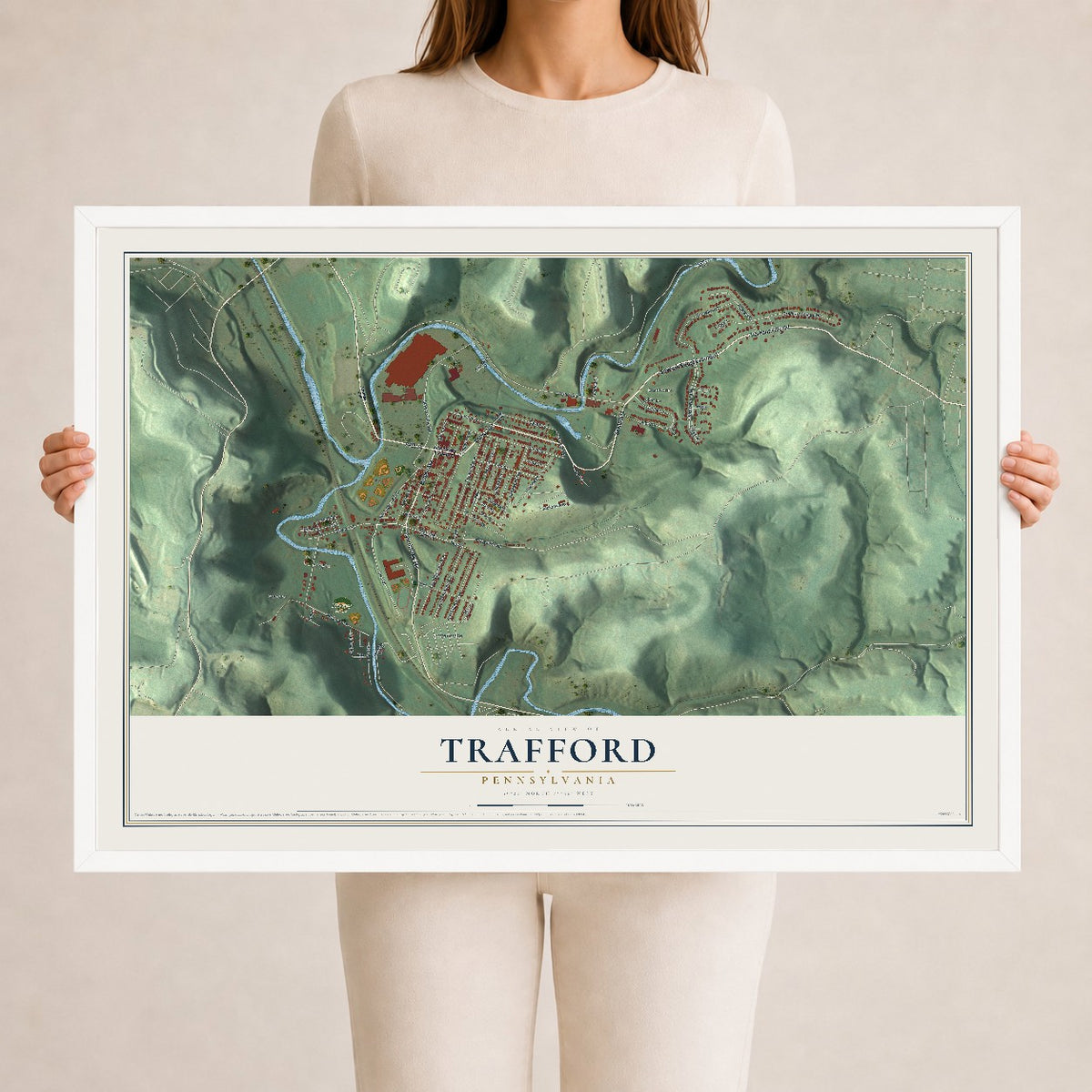 Map of Trafford, Pennsylvania, 24 x 36 inch print in a white wood frame