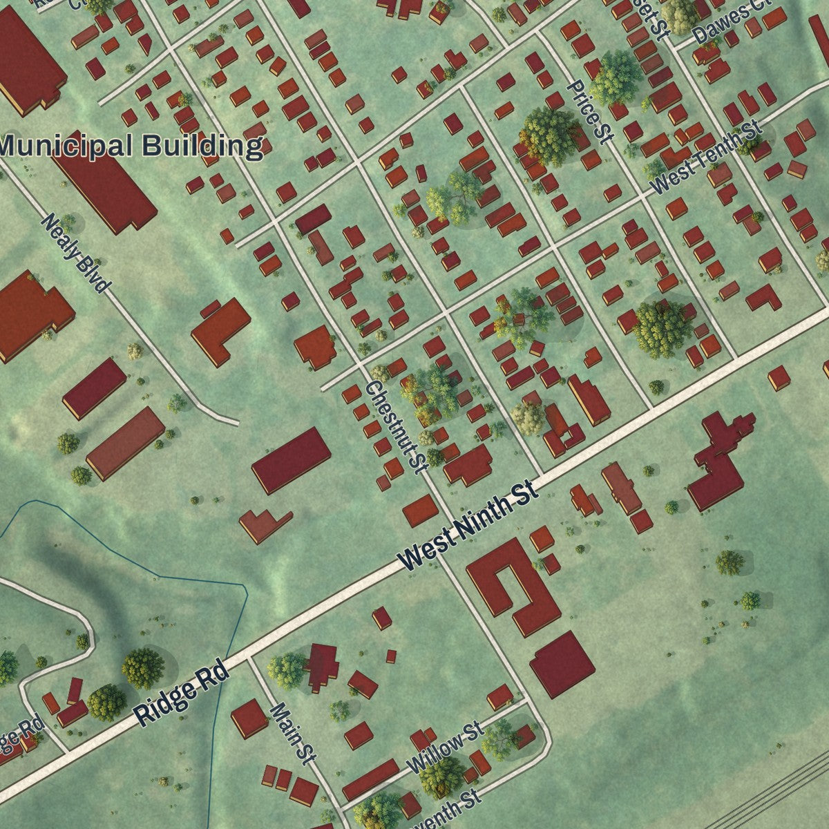 Close-up of the map of Trainer, Pennsylvania print showing street and building detail