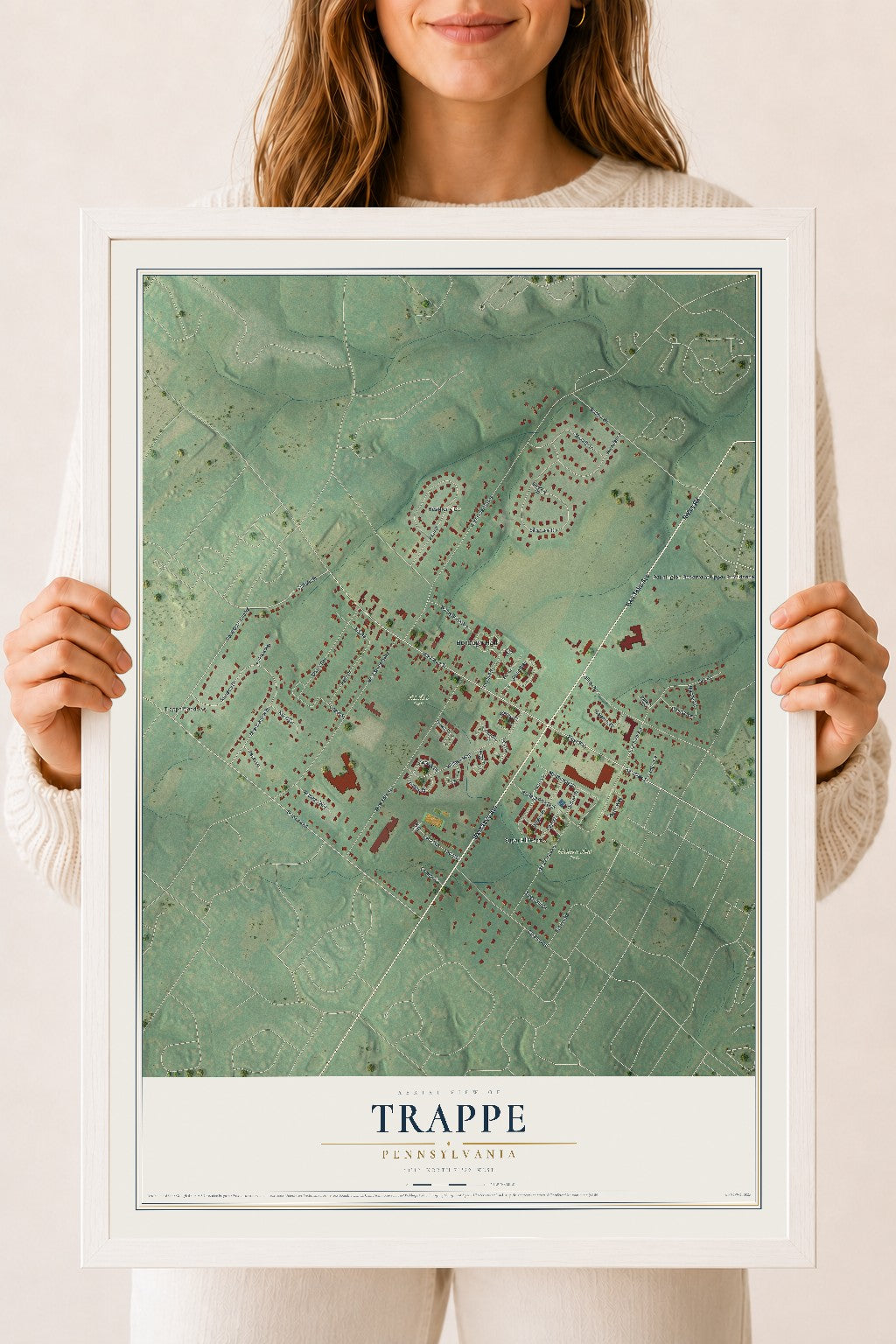 Map of Trappe, Pennsylvania, 18 x 24 inch print in a white wood frame