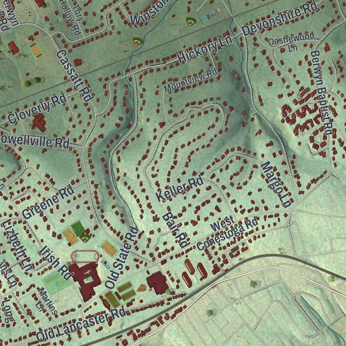 Second close-up of the map of Tredyffrin, Pennsylvania print showing more streets and buildings