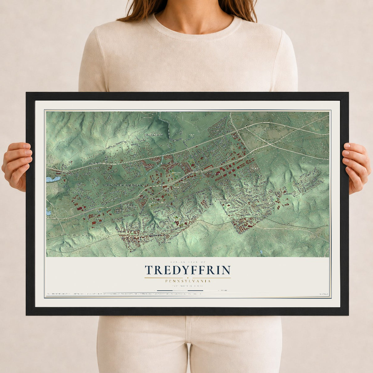 Map of Tredyffrin, Pennsylvania, 12 x 18 inch print in a black wood frame
