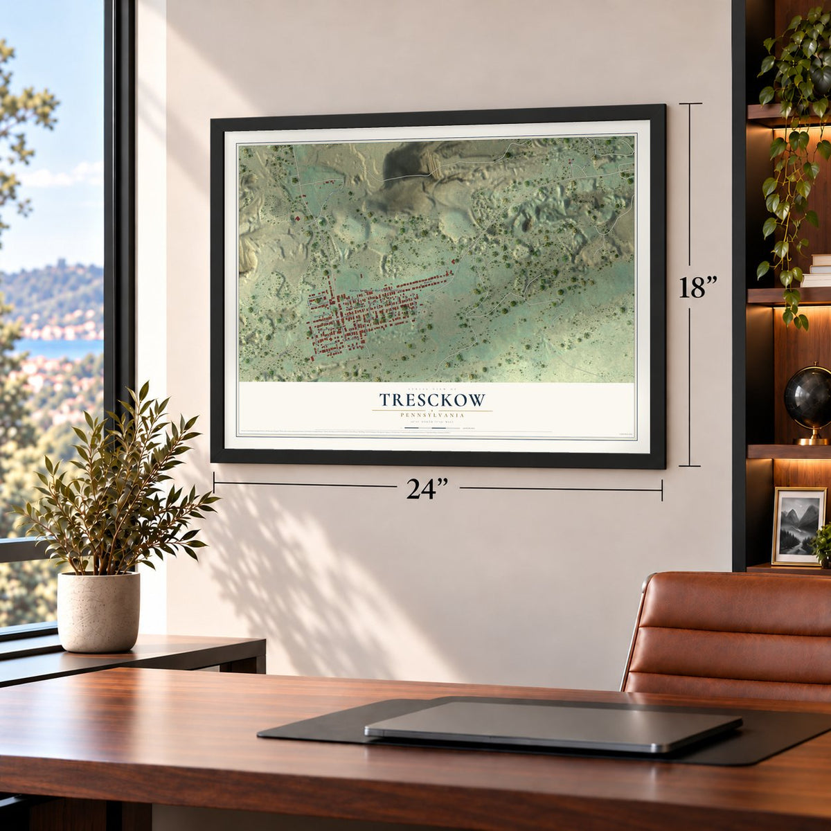 Tresckow, Pennsylvania map, 18 x 24 inch print in a black frame in a home office
