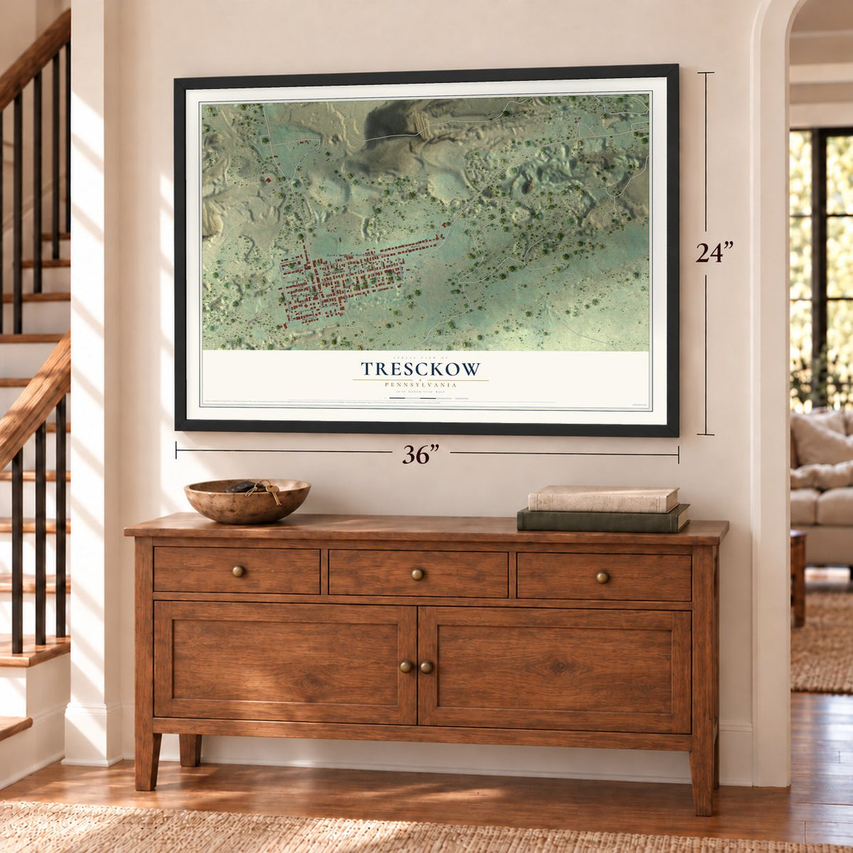 Tresckow, Pennsylvania map, 24 x 36 inch print in a black frame above a dresser by a staircase