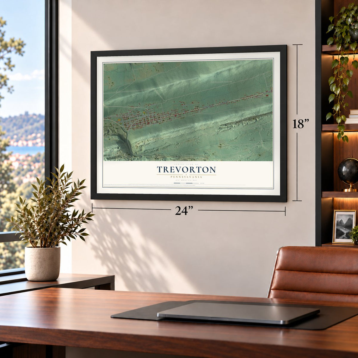 Trevorton, Pennsylvania map, 18 x 24 inch print in a black frame in a home office