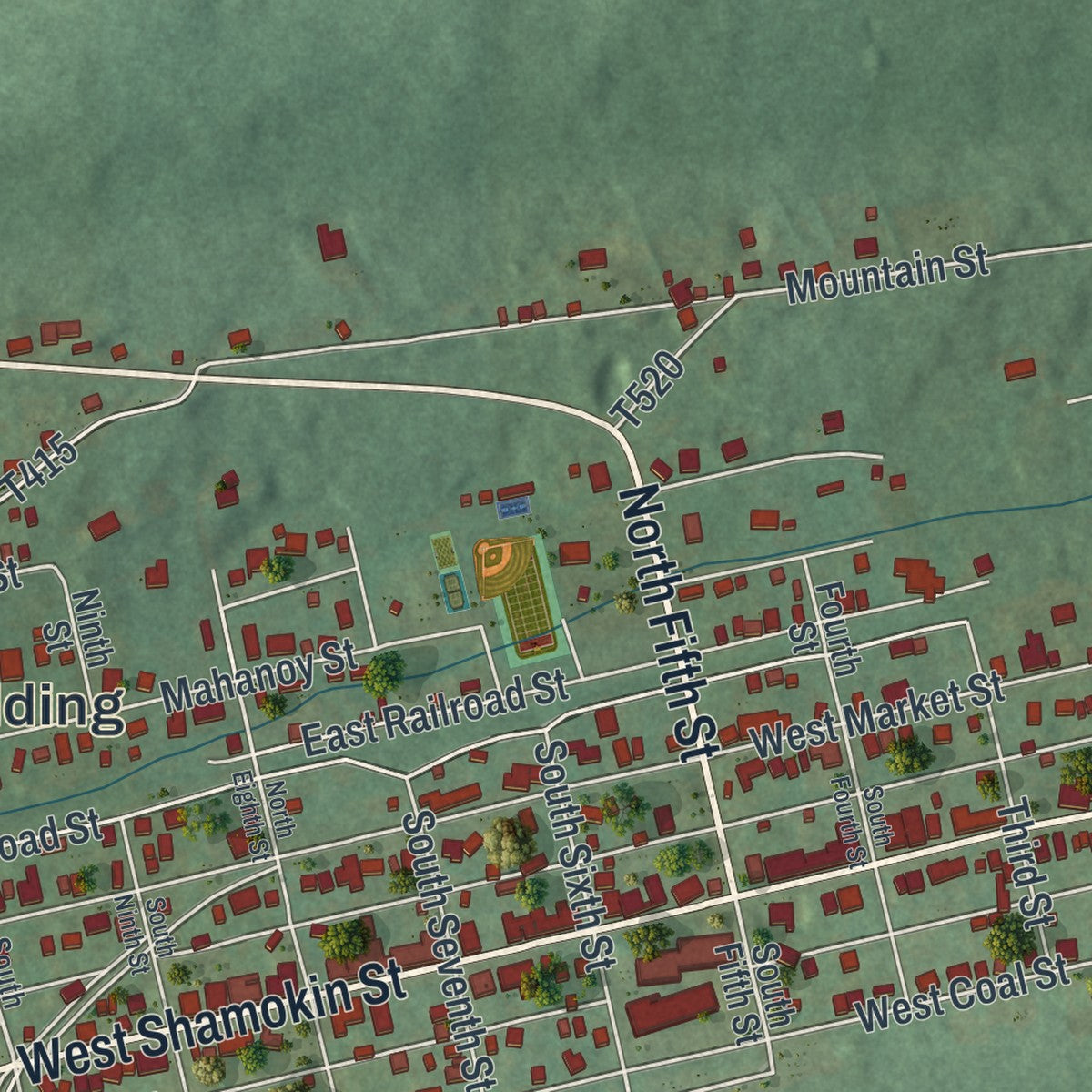 Close-up of the map of Trevorton, Pennsylvania print showing street and building detail