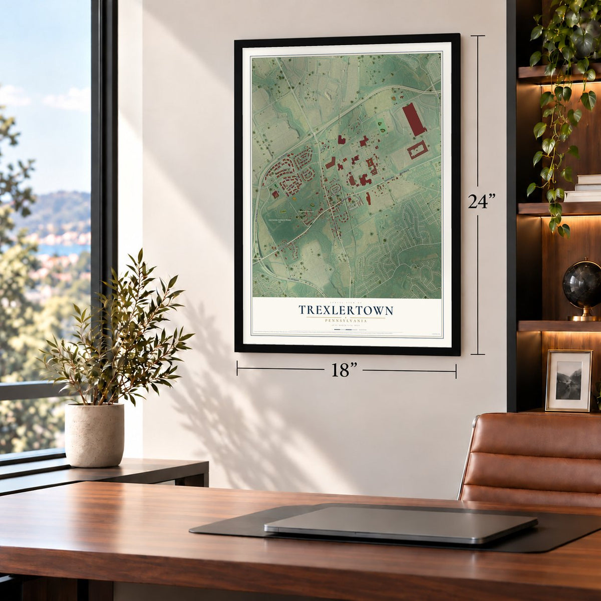 Trexlertown, Pennsylvania map, 18 x 24 inch print in a black frame in a home office