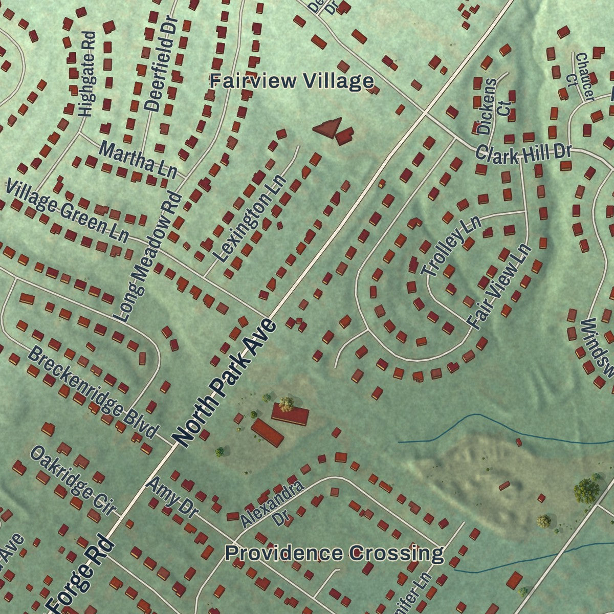 Close-up of the map of Trooper, Pennsylvania print showing street and building detail