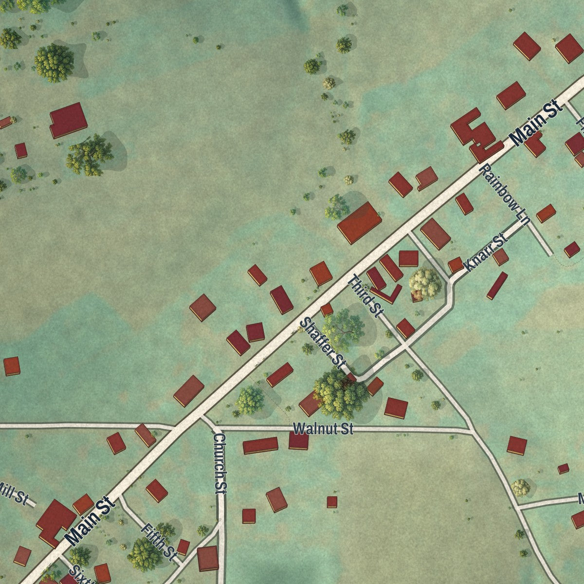 Close-up of the map of Troutville, Pennsylvania print showing street and building detail